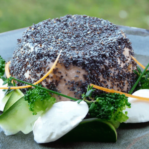 Papavero di salmone con gamberi e carciofi